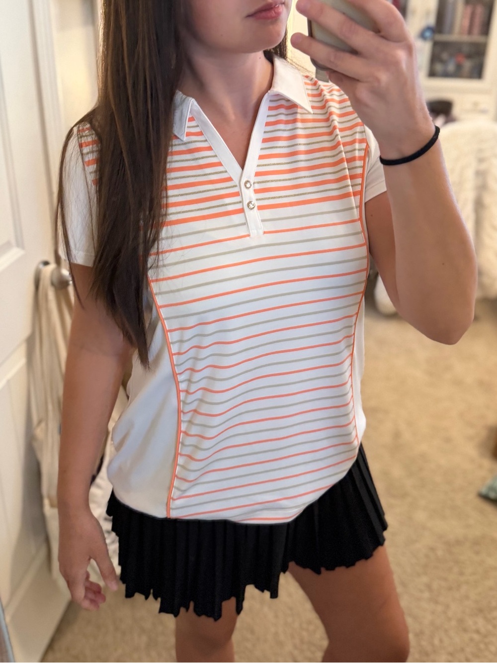 Chicos Women’s Golf Short Sleeve Polo Top in White with Coral Stripes